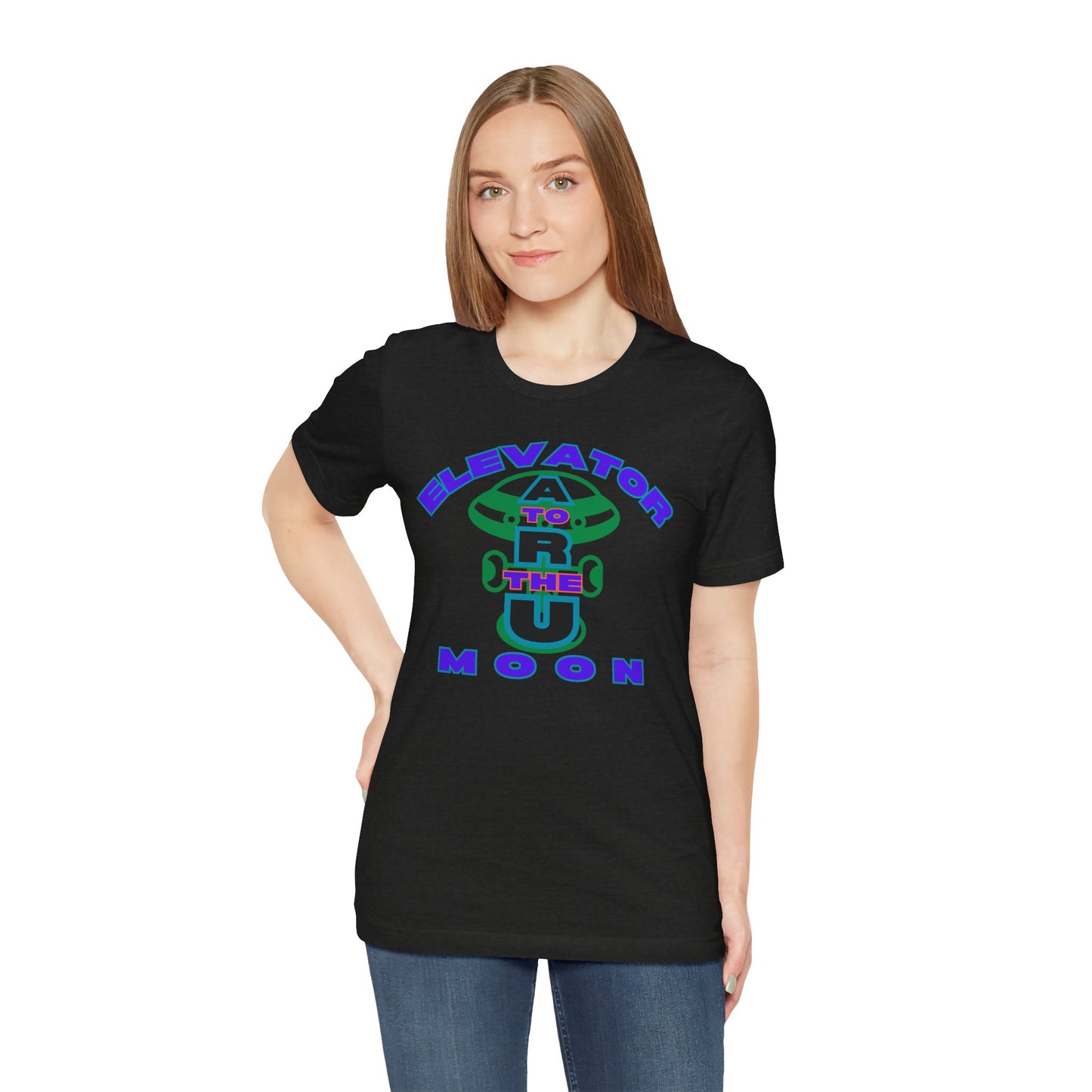Elevator to the Moon Unisex Tee, Fun Graphic Shirt for Kids and Adults, Cool Gift for Space Lovers, Vibrant Summer Fashion