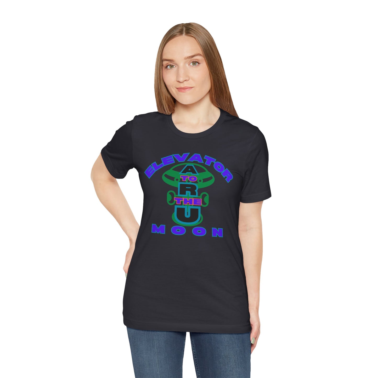 Elevator to the Moon Unisex Tee, Fun Graphic Shirt for Kids and Adults, Cool Gift for Space Lovers, Vibrant Summer Fashion